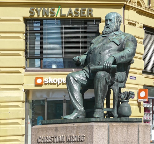 A bronze statue of a seated man with a beard holding a scroll, positioned in front of a building with a beige facade. Above the statue are signs for 'SYNS/LASER' and 'skopunkten'. The statue's base is marked with the name 'Christian Krohg'.