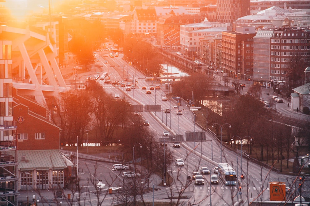 aerial view of city buildings during sunset