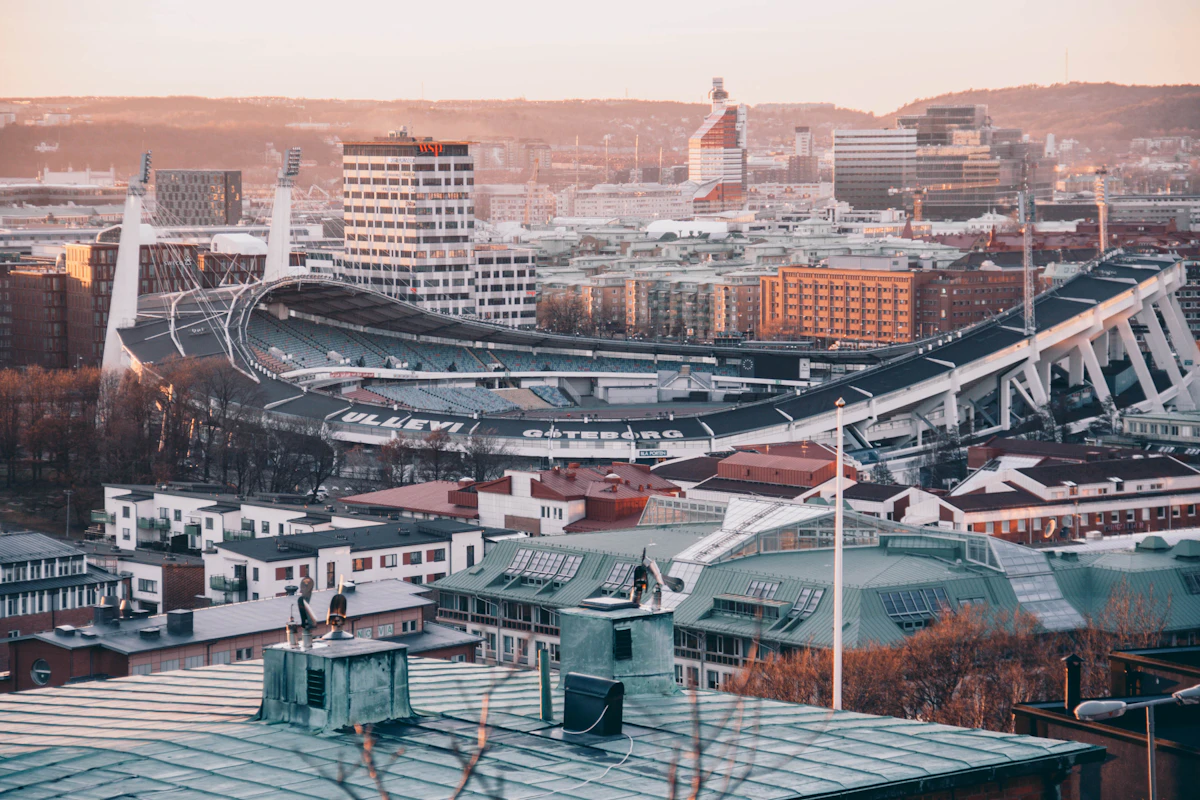 Waterfront buildings and canals in a Scandinavian city at dusk