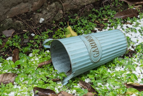 A metal container labeled 'GARDEN' lies on its side on the ground surrounded by green plants, white pebbles, and dried leaves. The background features some ferns and a stone wall.