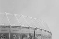 Close-up of a sports event banner designed with sleek, minimalist graphics.