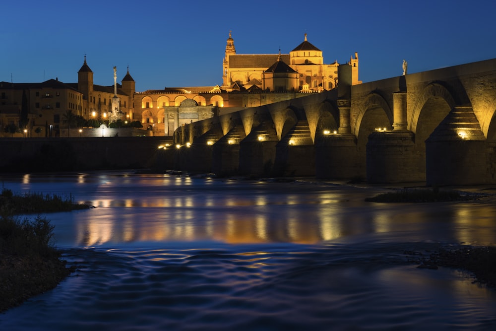 edificio in cemento marrone vicino allo specchio d'acqua durante la notte