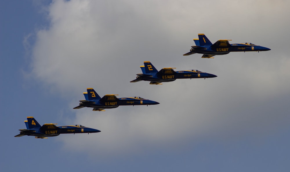 blue and yellow fighter plane on mid air during daytime