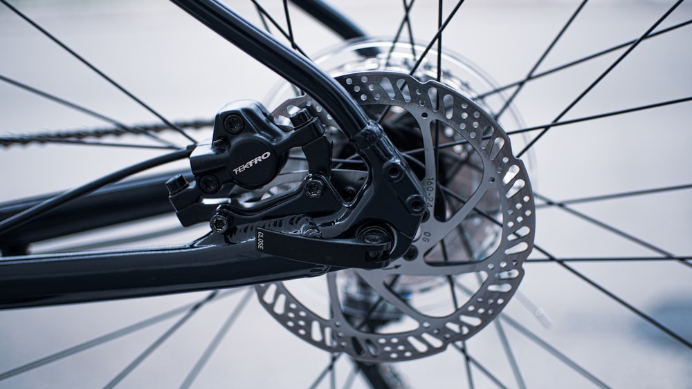 hydraulic disc brakes on a black bicycle