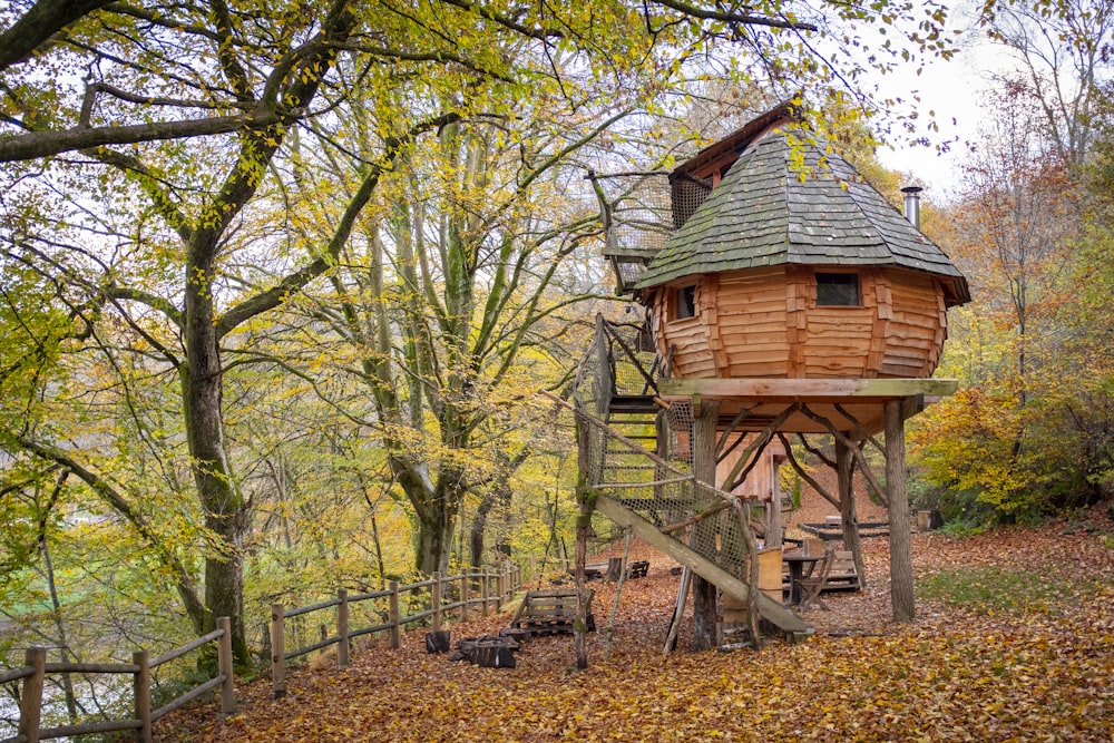 brown wooden house near green trees during daytime