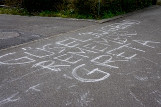 Chalk writing on a pavement spells out a message that includes the words 'GÜSELJUGEND' and 'REMEMBER GRETA'. The letters are large and white, covering a significant portion of the ground.