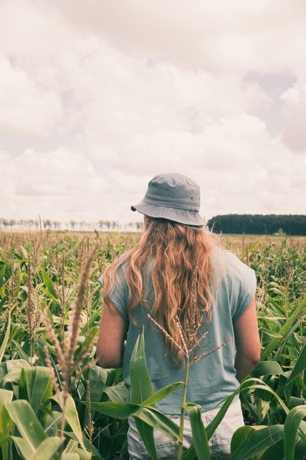 femme en chapeau gris debout sur le champ d’herbe verte pendant la journée