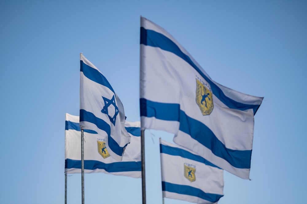 blue and white flags on white metal poles