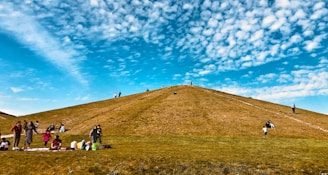 A family enjoying a picnic on a grassy hilltop with panoramic views of rolling hills.
