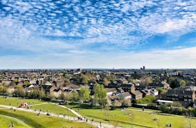 A scenic view of a neighborhood park filled with families enjoying the outdoors.