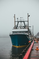 A large fishing boat is docked at a pier on a foggy day. The boat is painted with dark blue and white colors, equipped with various fishing equipment and antennas. The water is calm, and there is a red railing along the pier. Some small fishing supplies and ropes are scattered on the wooden pier.