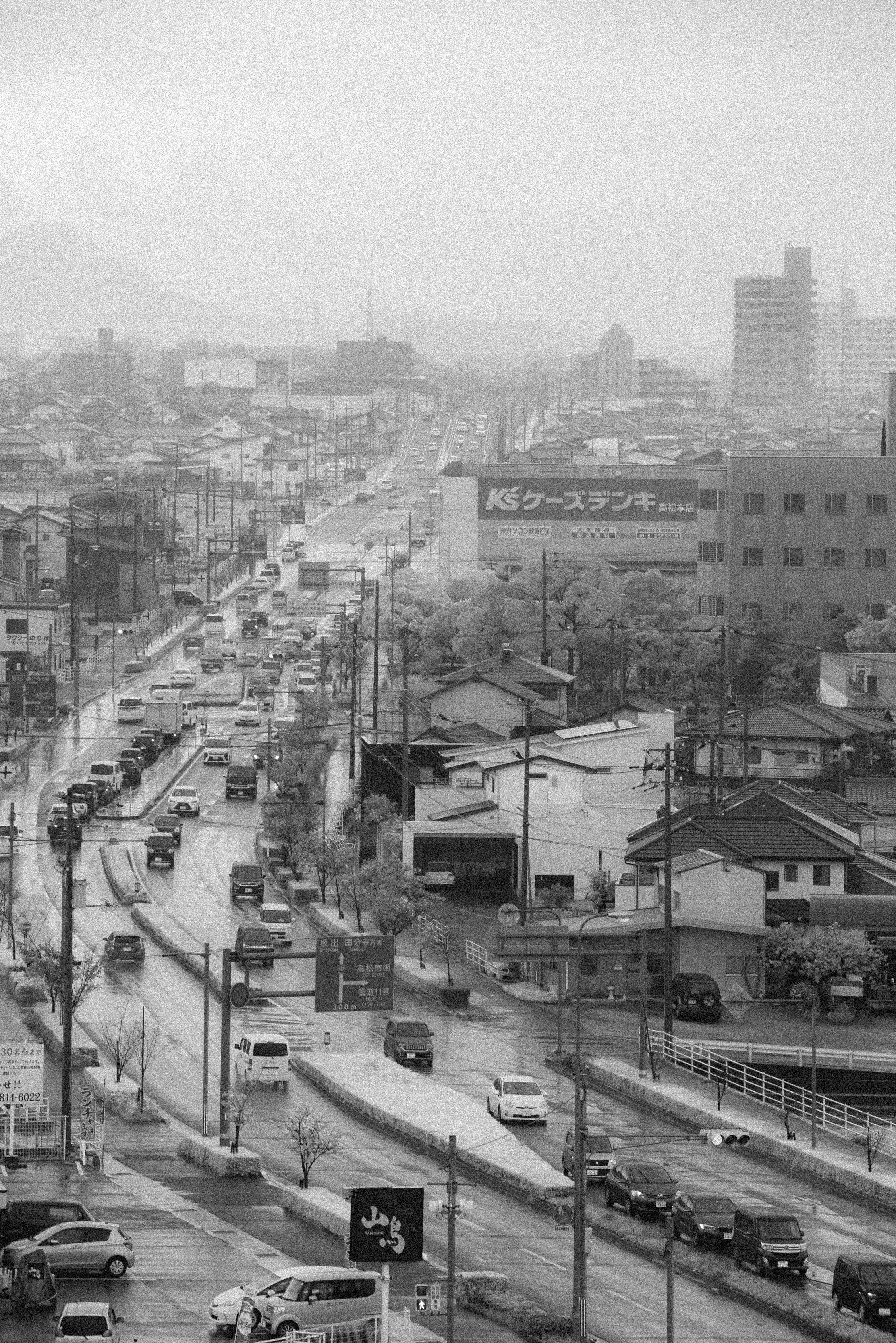 grayscale photo of city buildings