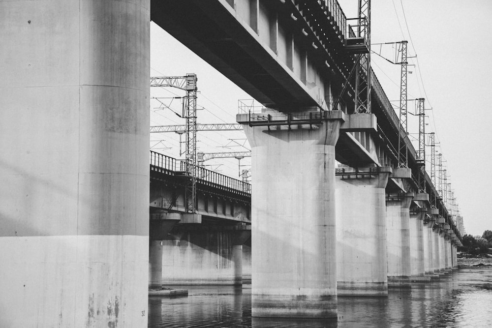 Foto in scala di grigi del ponte sul fiume