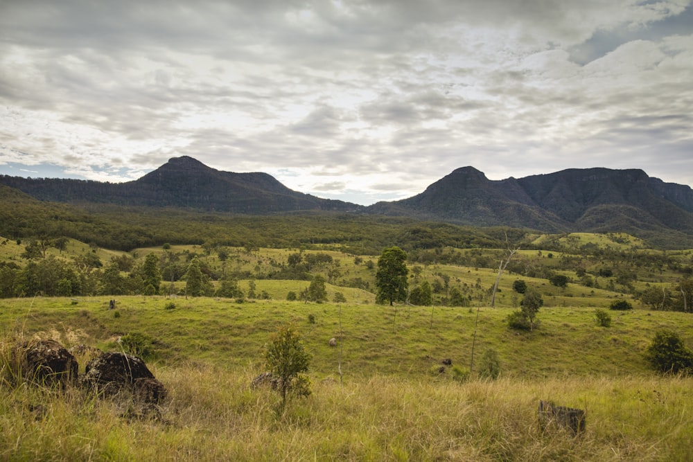 green grass field near mountain under white clouds during daytime