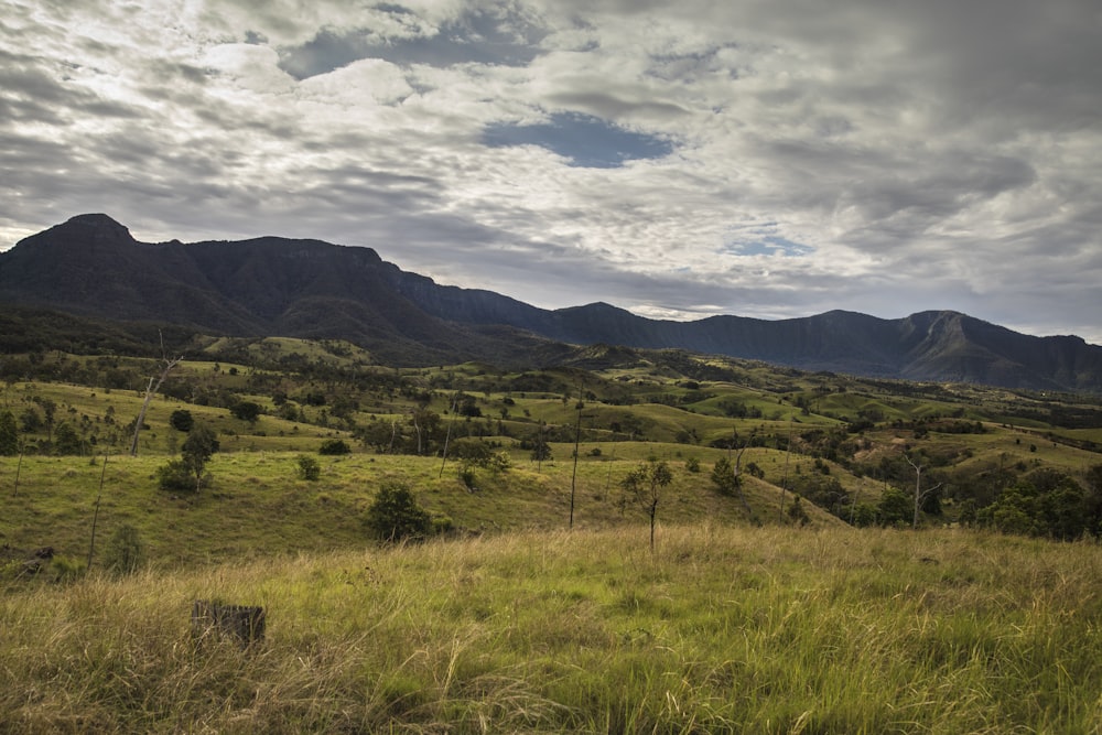 green grass field near mountain under cloudy sky during daytime