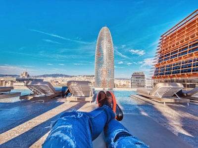 Elegant penthouse with rooftop pool and city skyline background