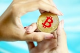 Hands holding a gold coin with the Bitcoin symbol prominently displayed on it, set against a light blue background.