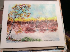 Vibrant oil painting capturing the fiery hues of autumn in the Snowy Monaro.