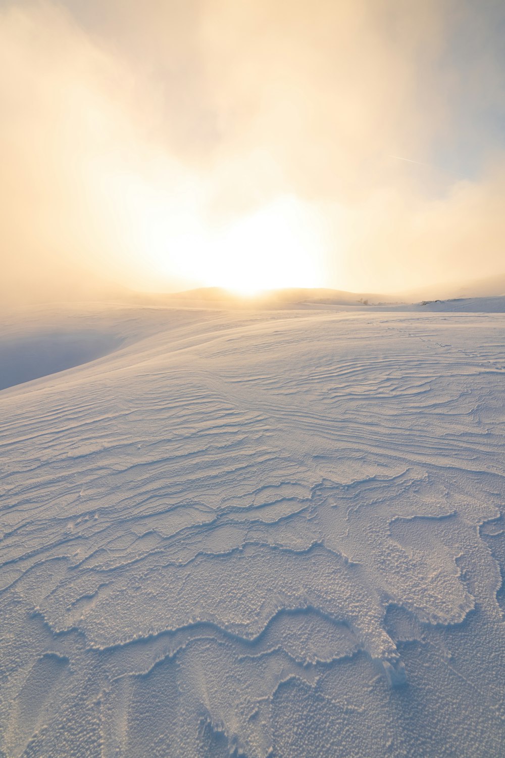 Le soleil se couche sur une vaste étendue de neige