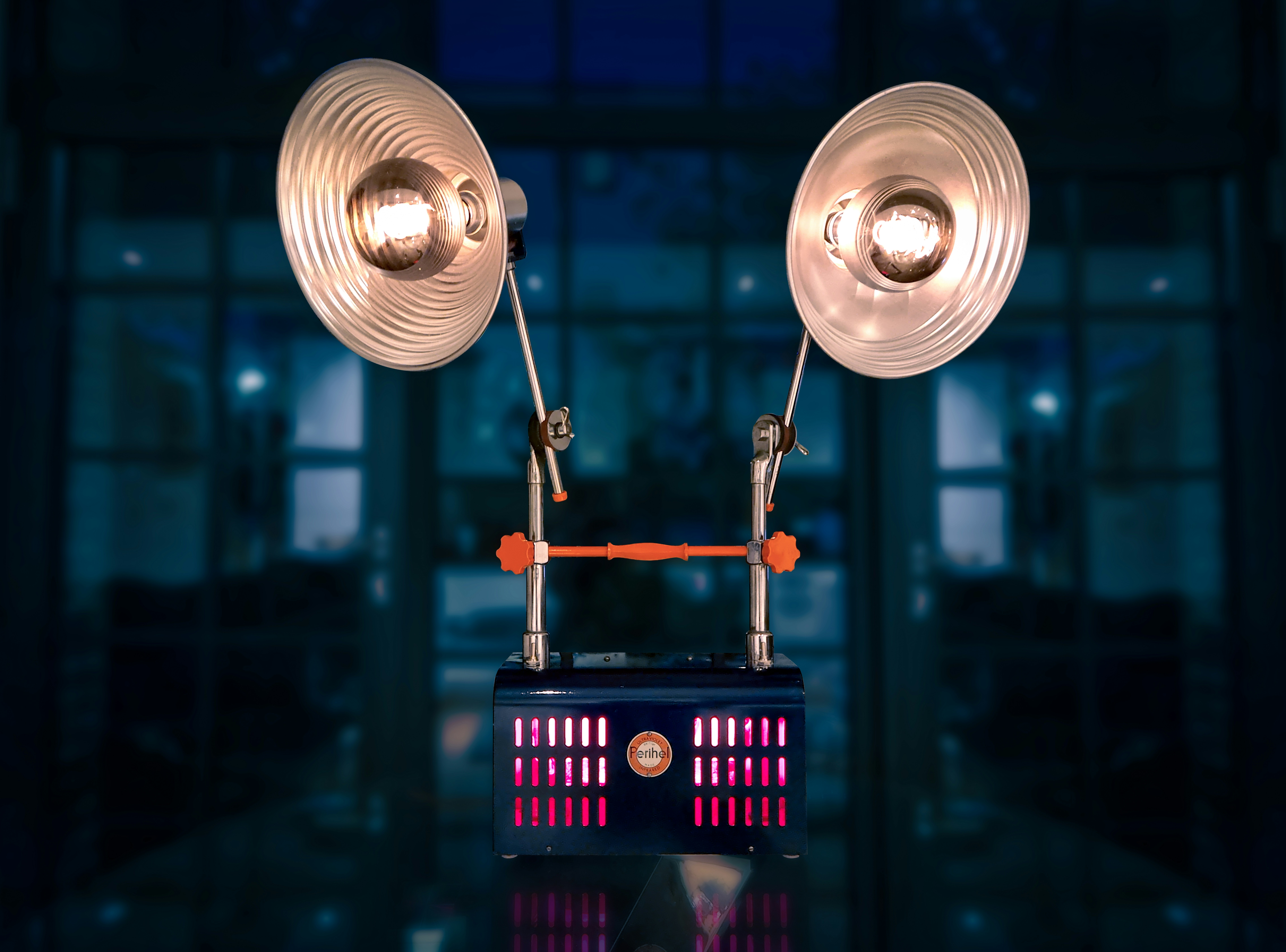 black and silver pendant lamp, This extremely rare vintage British made 1940s Deluxe Twin Headed Articulated Medical Lamp made by Perihel has been given a new lease of life upcycled as a one of a kind stylish desk/table lamp.</p><p>This style of heat lamp were widely used within hospitals and at home for medicinal purposes during the first half of the 20th century to treat all manner of conditions using infrared and ultraviolet light therapy.