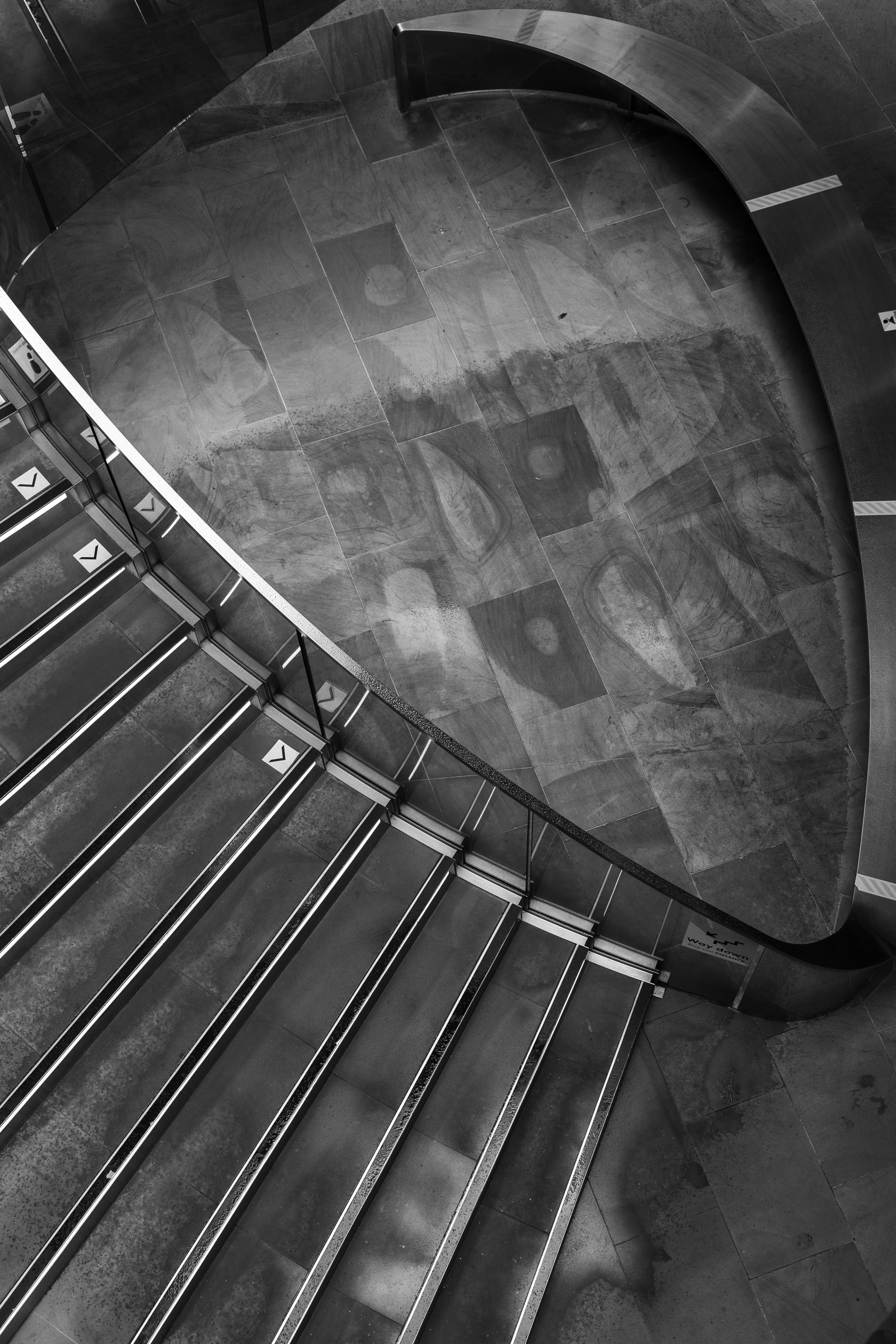 grayscale photo of spiral staircase