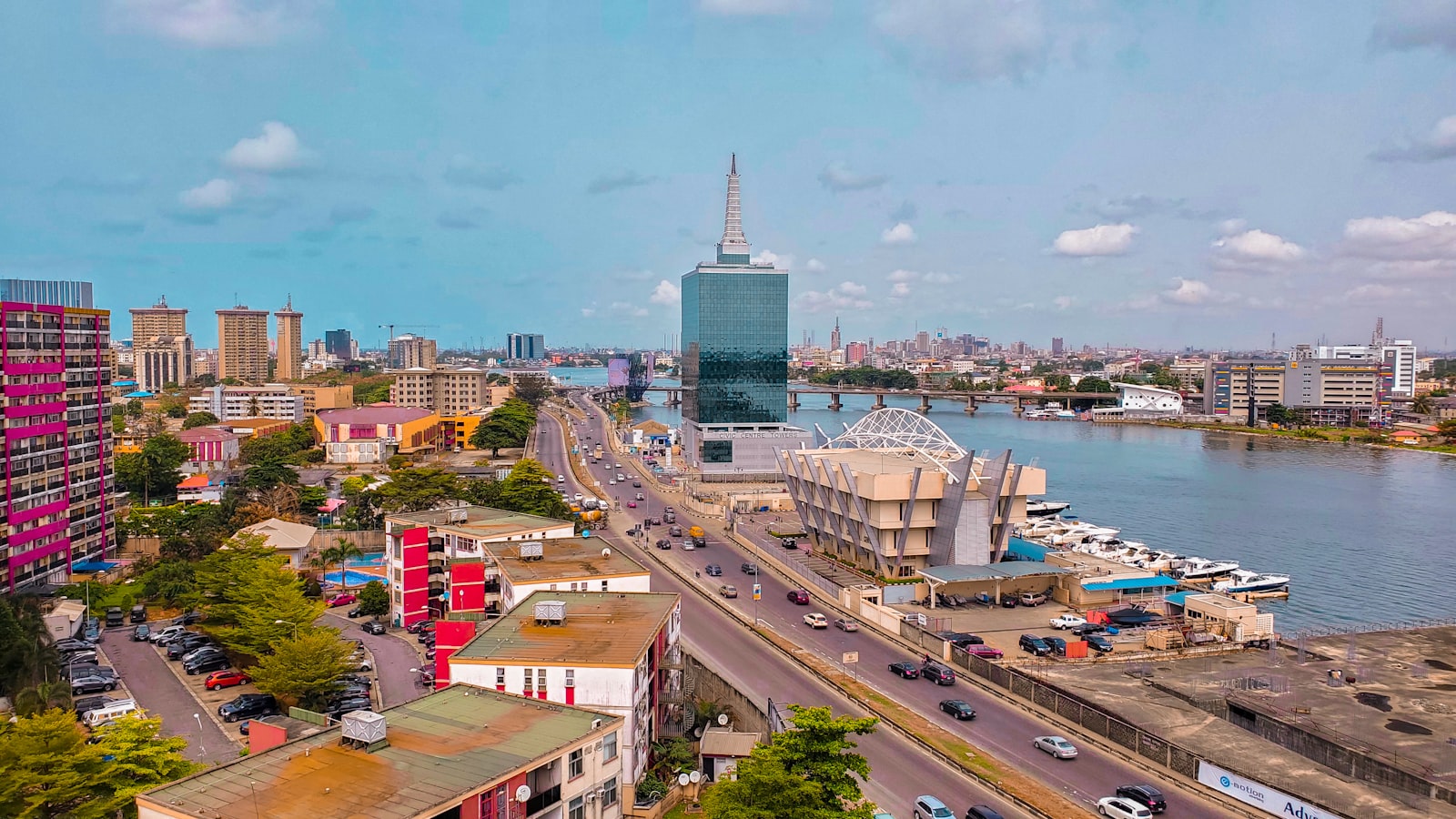 Lagos city street scene with traffic and buildings