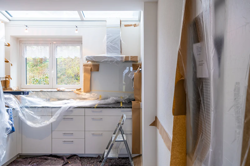 Kitchen remodel in progress with new cabinets protected by plastic sheeting