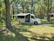 A white recreational vehicle is parked on a grassy area surrounded by a forest of tall trees. The vehicle has its side canopy extended, providing shade. Sunlight filters through the leaves, creating a dappled pattern on the ground.