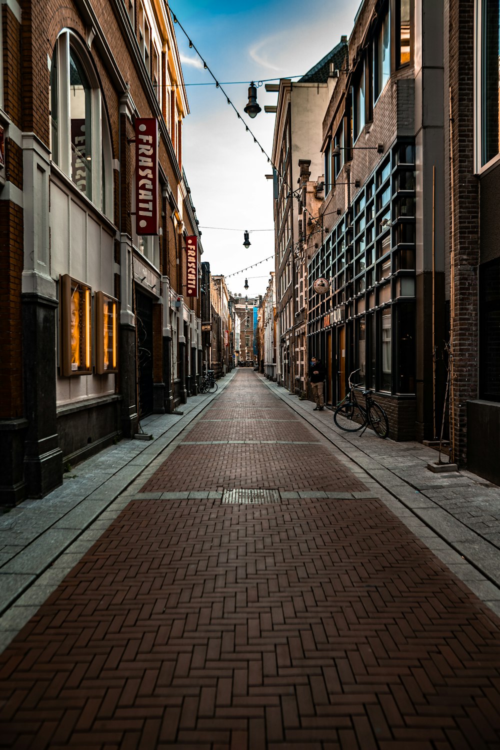 brown brick pathway between brown brick buildings during daytime
