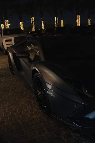 A sleek black Lamborghini Aventador gleaming under Miami's neon lights.