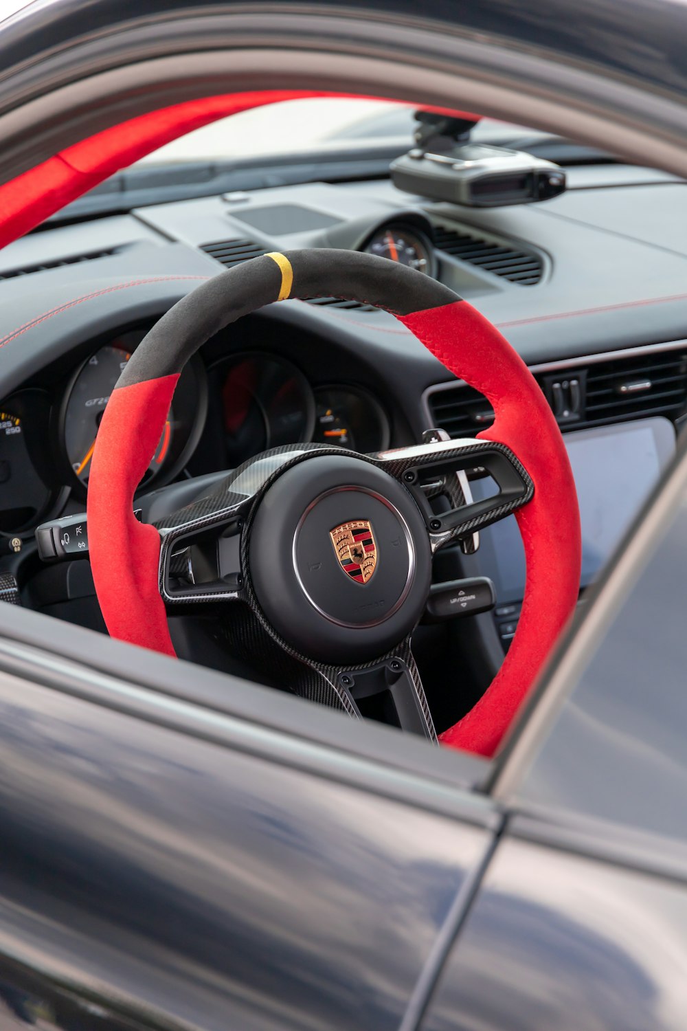 black and red steering wheel