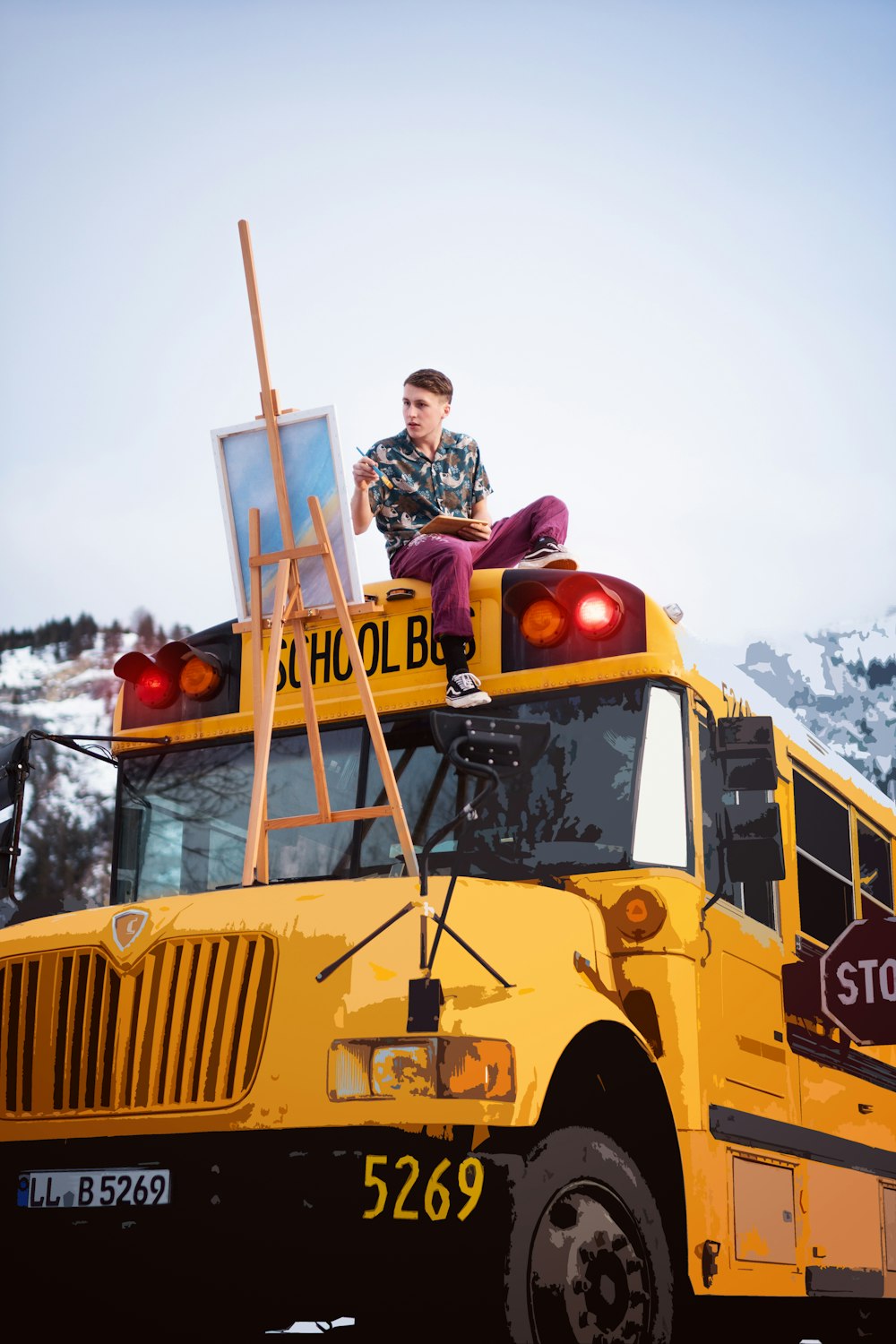 woman in gray jacket and blue denim jeans standing beside yellow school bus during daytime