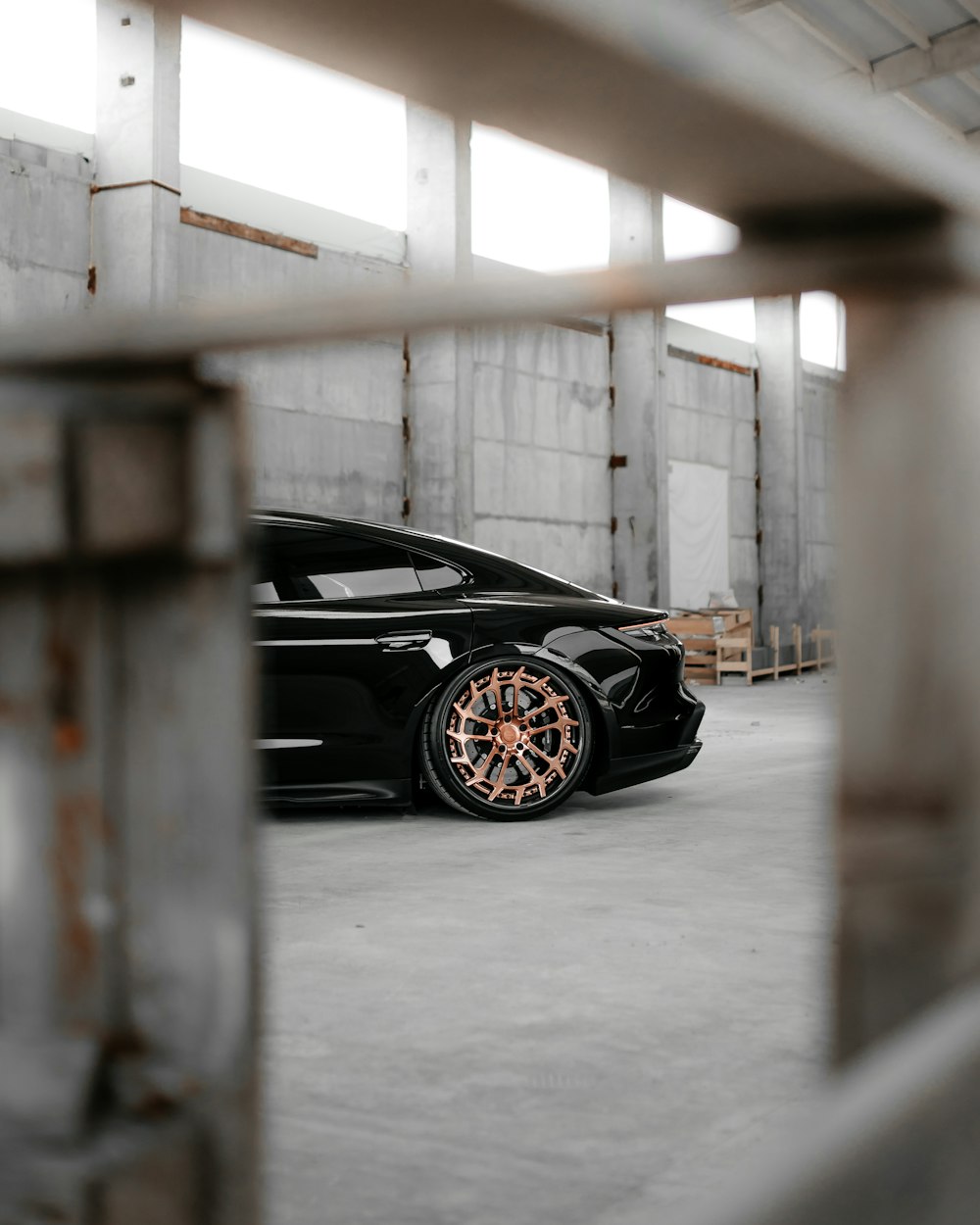 black car in a garage