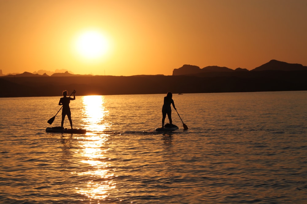 silhouette of 2 person standing on sea shore during sunset