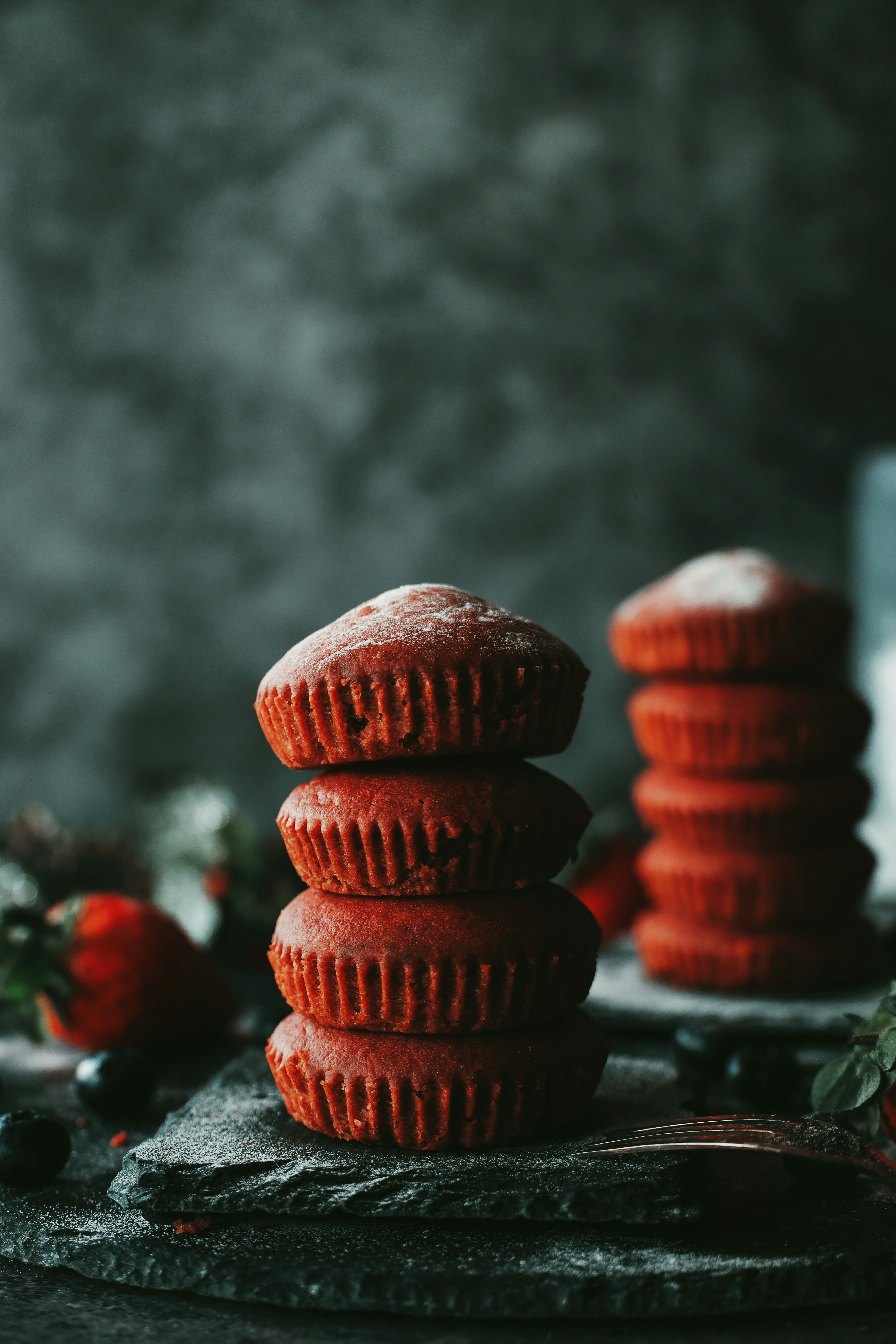 red velvet cupcakes stacked 