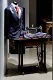 A tailored suit with a red patterned tie is displayed on a mannequin. An old-fashioned sewing machine sits beside it, along with several folded fabrics, suggesting a tailor's workspace. The setting has a classic and elegant atmosphere.