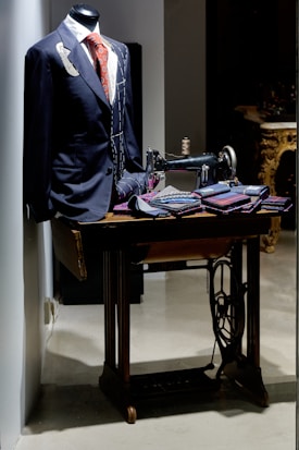 A tailored suit with a red patterned tie is displayed on a mannequin. An old-fashioned sewing machine sits beside it, along with several folded fabrics, suggesting a tailor's workspace. The setting has a classic and elegant atmosphere.