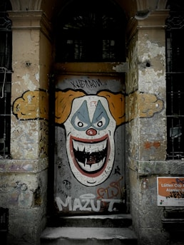 A large, stylized clown face painted on a worn, weathered door with graffiti and peeling paint. The clown has exaggerated features, including a wide open mouth and big, colorful eyes. The surrounding wall is aged, with crumbling plaster and various tags and markings.