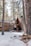 A cozy A-frame cabin nestled among tall pine trees, surrounded by a blanket of snow. The rustic wooden structure features a stone chimney and a small porch leading to a dark door. Sparse bare branches are visible, and soft light adds warmth to the wintery setting.