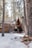 A cozy A-frame cabin nestled among tall pine trees, surrounded by a blanket of snow. The rustic wooden structure features a stone chimney and a small porch leading to a dark door. Sparse bare branches are visible, and soft light adds warmth to the wintery setting.