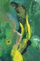 A dynamic painting with splashes of emerald green and gold leaf accents catching the light.
