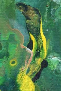 A close-up of a vibrant original artwork featuring deep greens and shimmering gold accents.