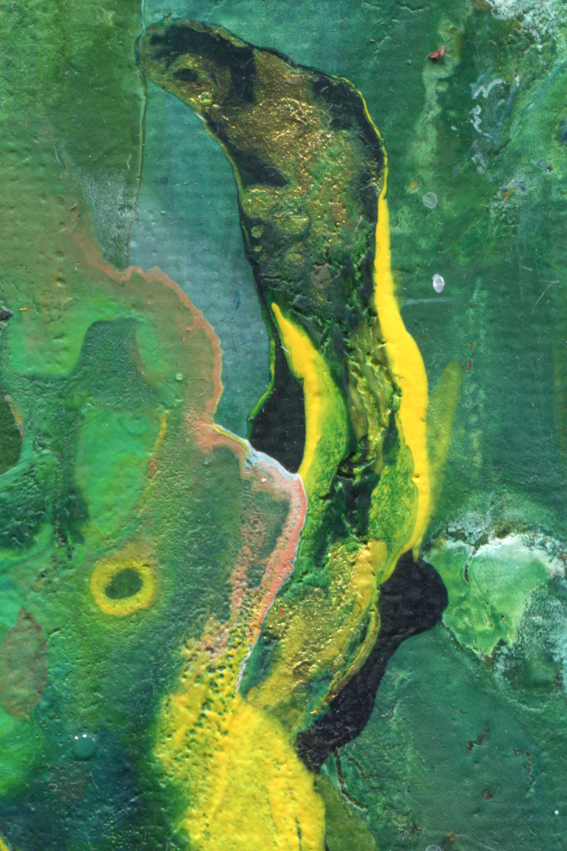 A vibrant abstract painting with swirling oranges, yellows, and greens highlighted by bold strokes of black and shimmering silver accents.