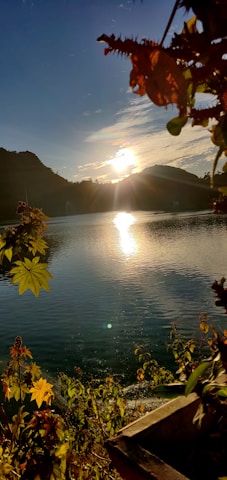 A serene lake reflecting autumn-colored trees at sunset.