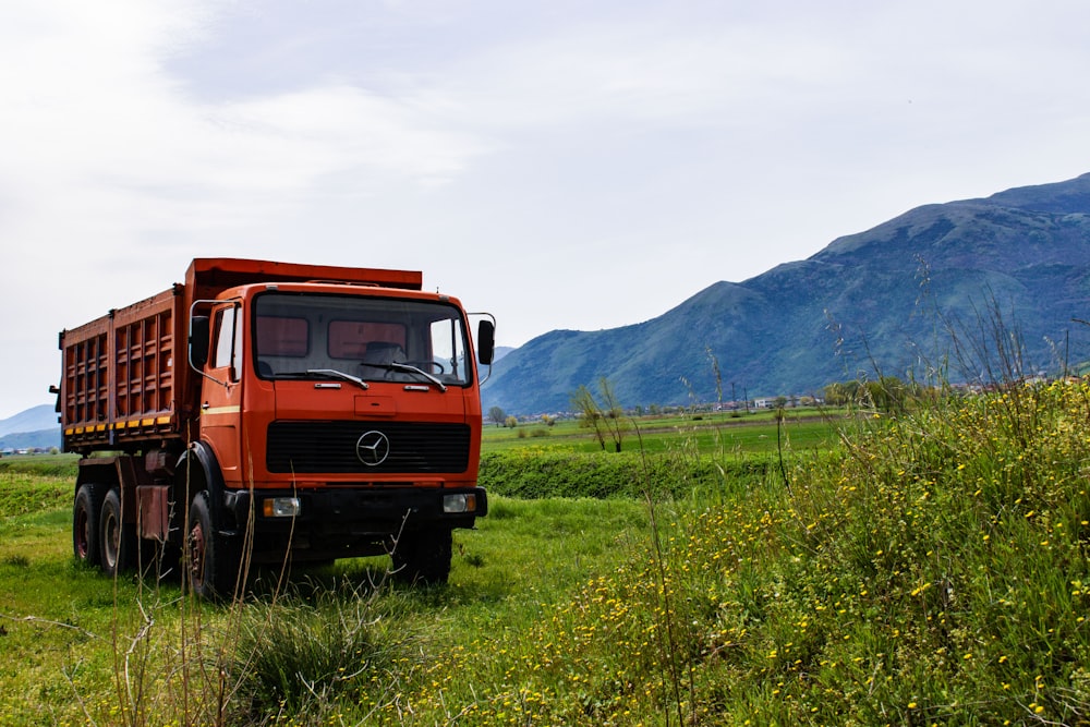 camion rosso sul campo di erba verde durante il giorno