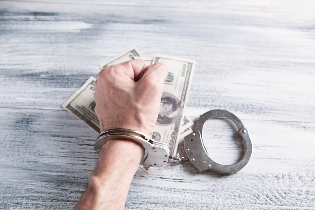 A hand wearing handcuffs is positioned on top of a pile of US dollar bills on a textured wooden surface. The handcuffs are open, suggesting recent use or potential freedom, and the hand is clenched into a fist.