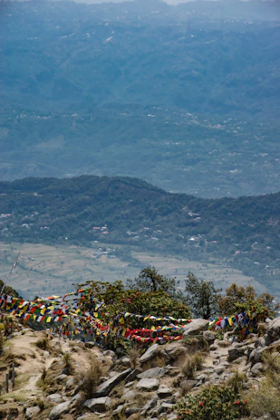 A happy traveler enjoying a scenic view of the Himalayas near Sikkim.