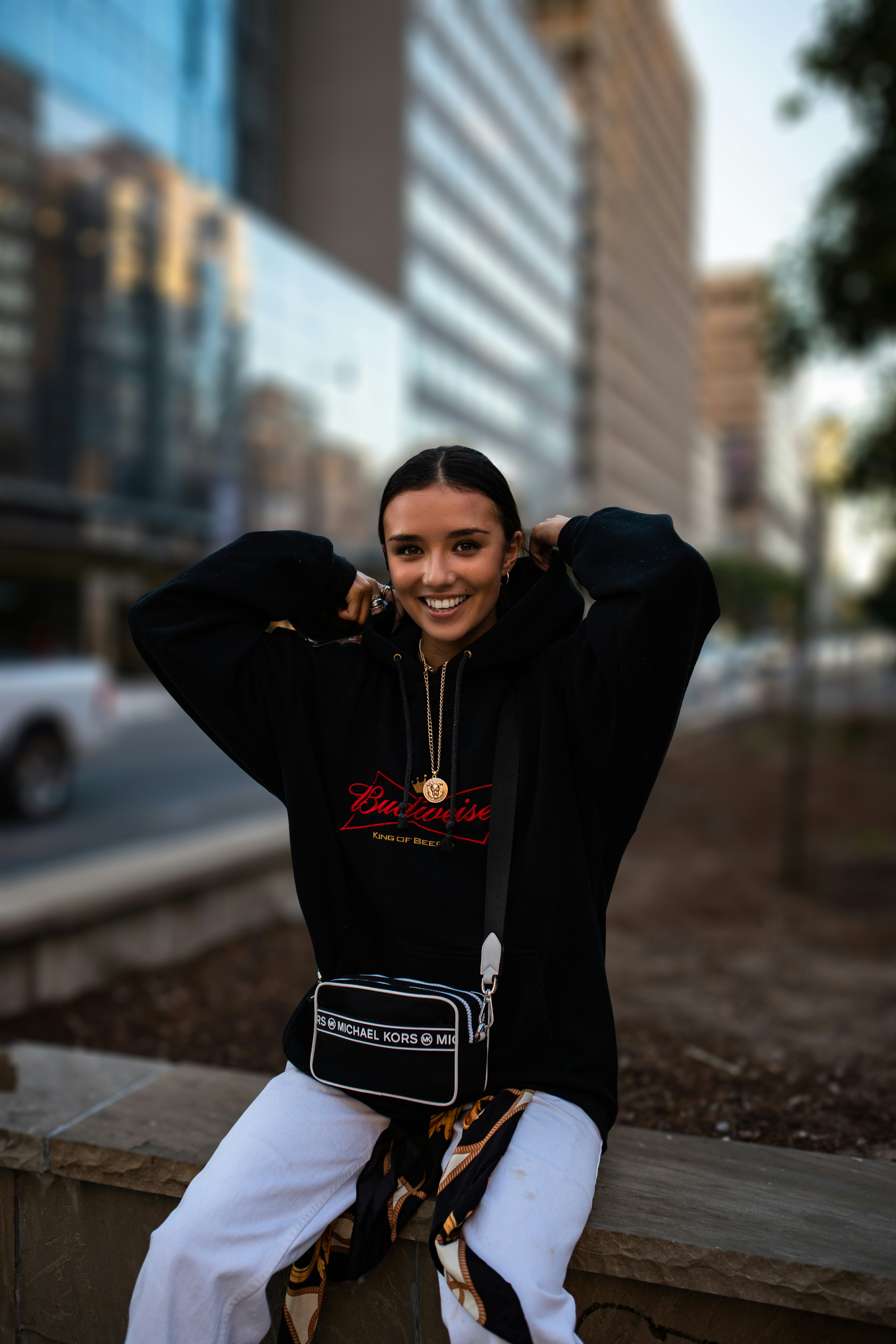 Hoodie denim con capucha de jersey contrastante Rojo