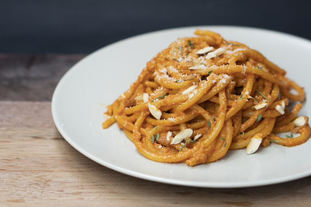 pasta dish on white ceramic plate