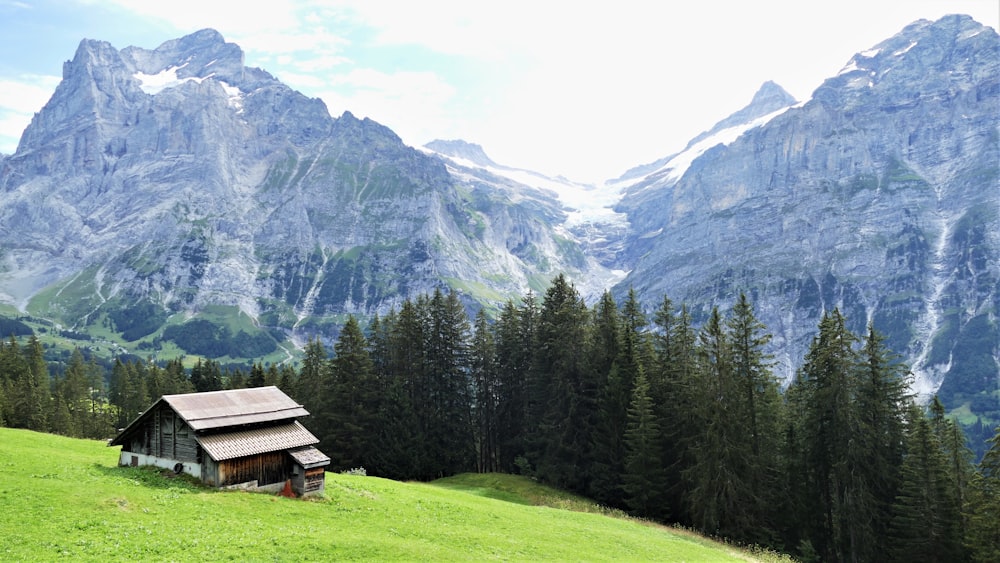 Casa de madera marrón en un campo de hierba verde cerca de árboles verdes y montaña durante el día